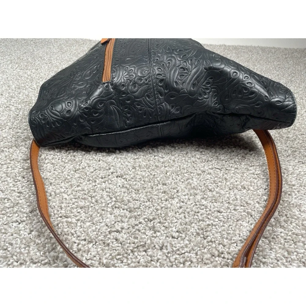 Made In Italy Genuine Leather Black Embossed Floral Hobo Shoulder Bag Purse